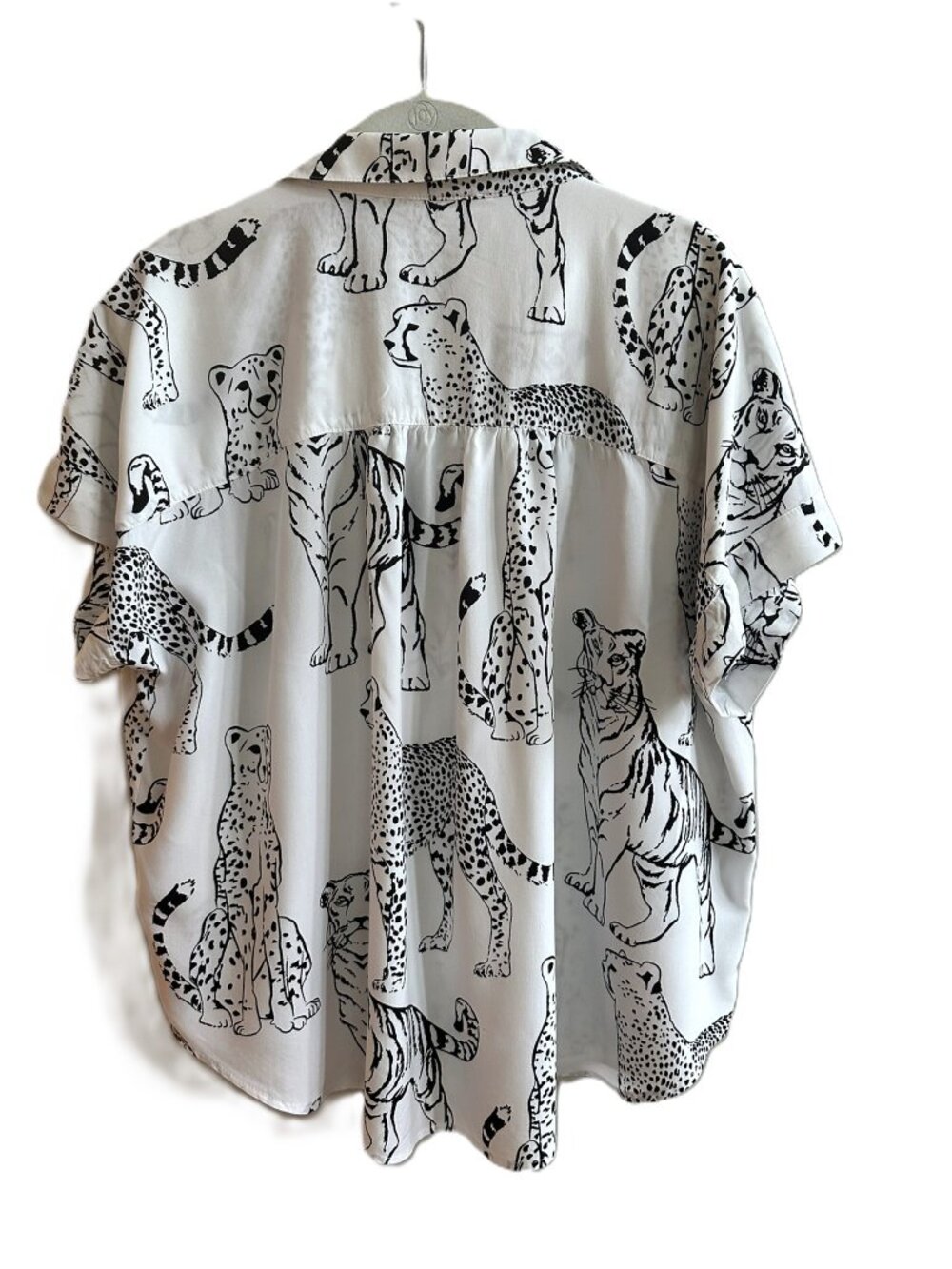 Women's XL Short-Sleeve Blouse Black and White Tigers & Cheetahs Jane Delancey - Picture 3 of 12